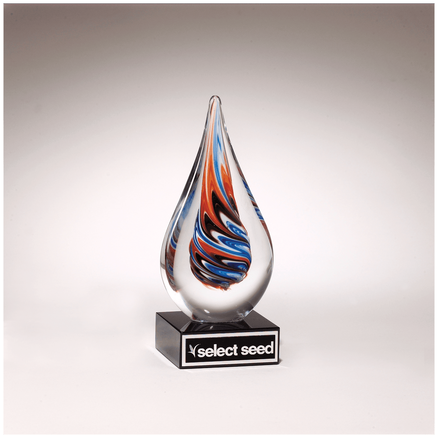 Teardrop Art Glass on Black Glass Base w/Black Aluminum Plate