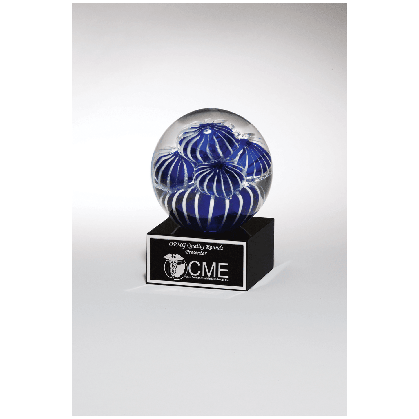 Globe w/ Blue & White Sea Anemone Design on Black Glass Base with Black Aluminum Plate