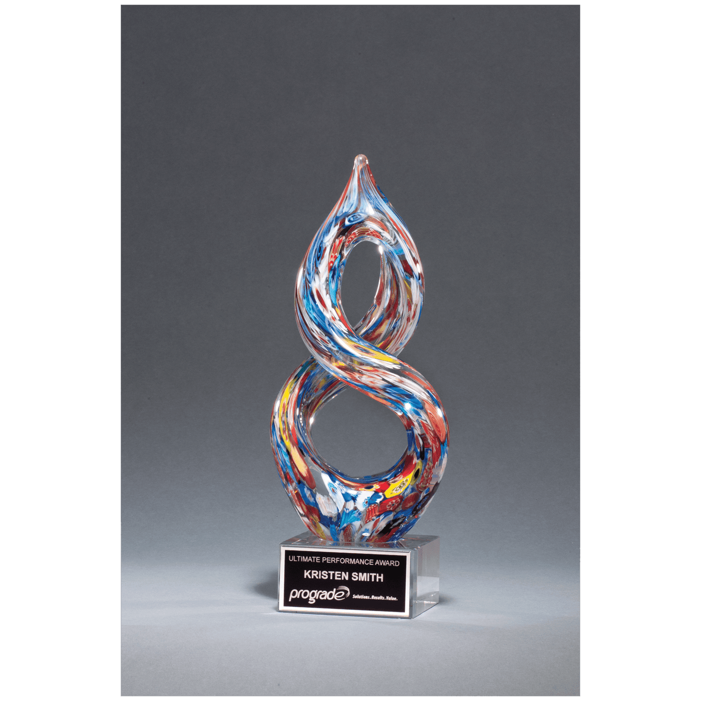 Helix Multi-Color Art Glass on Clear Glass Base with Black Aluminum Plate