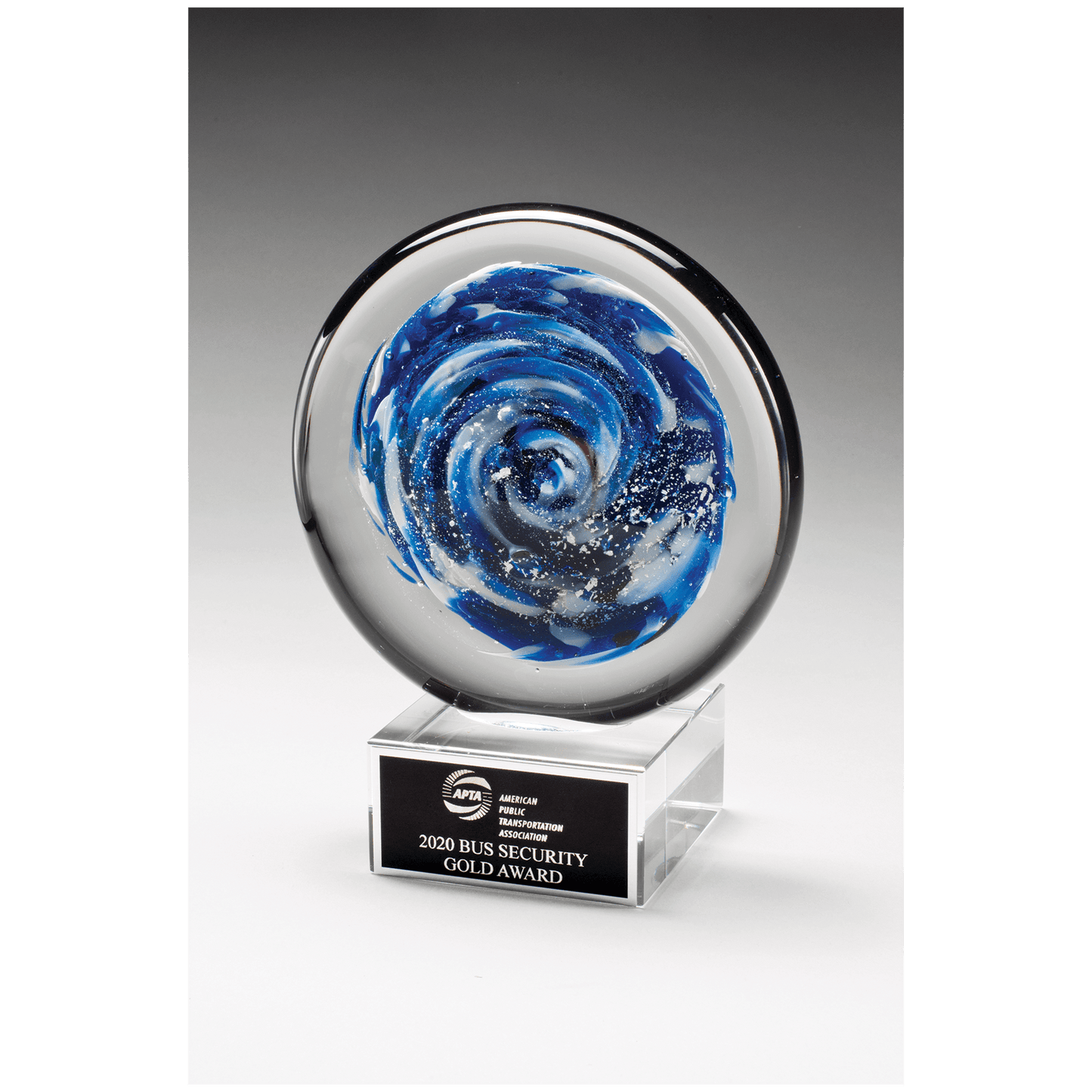 Blue and White Disc Art Glass on Clear Glass Base with Black Aluminum Plate