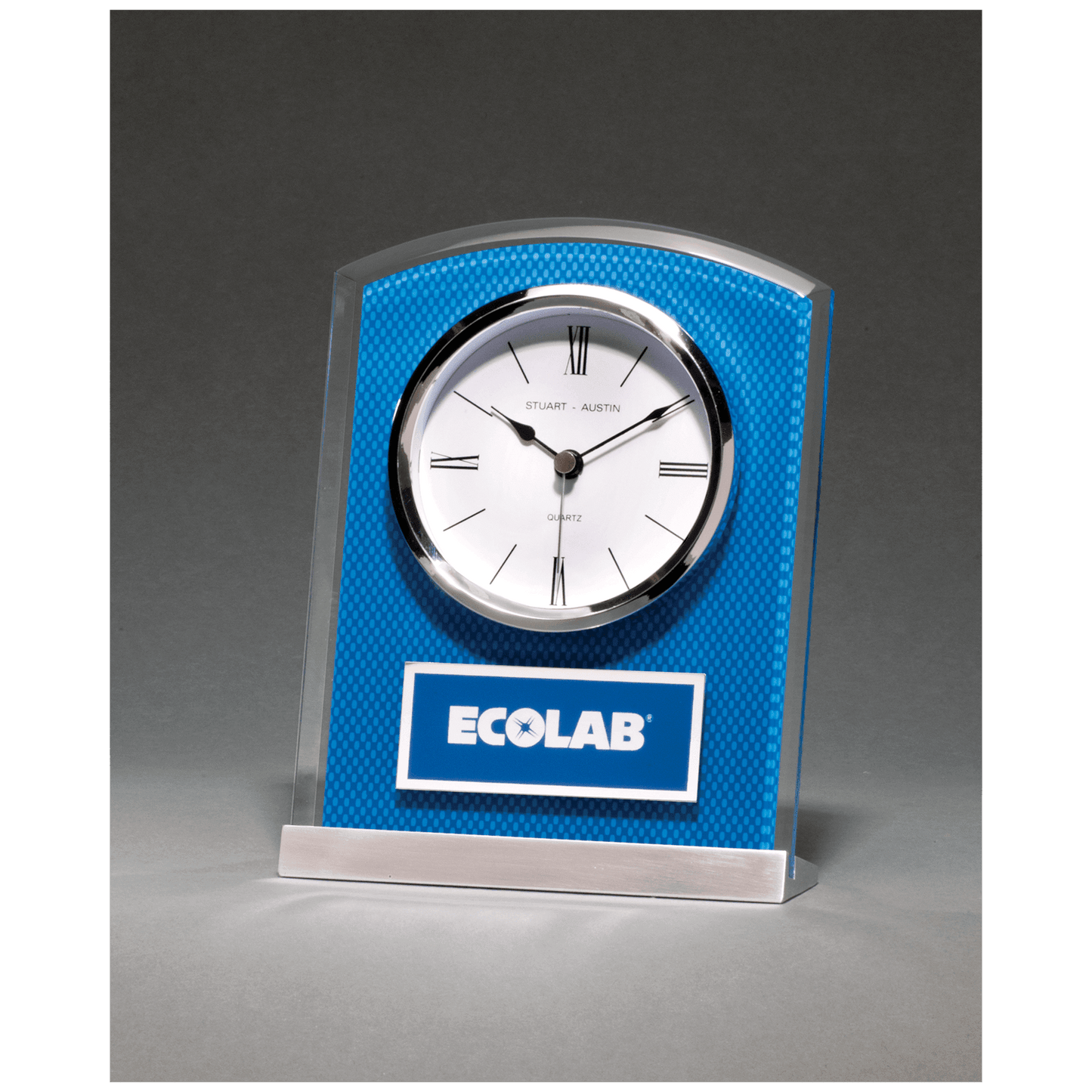 Glass Clock with Blue Carbon Fiber Design on Aluminum Base
