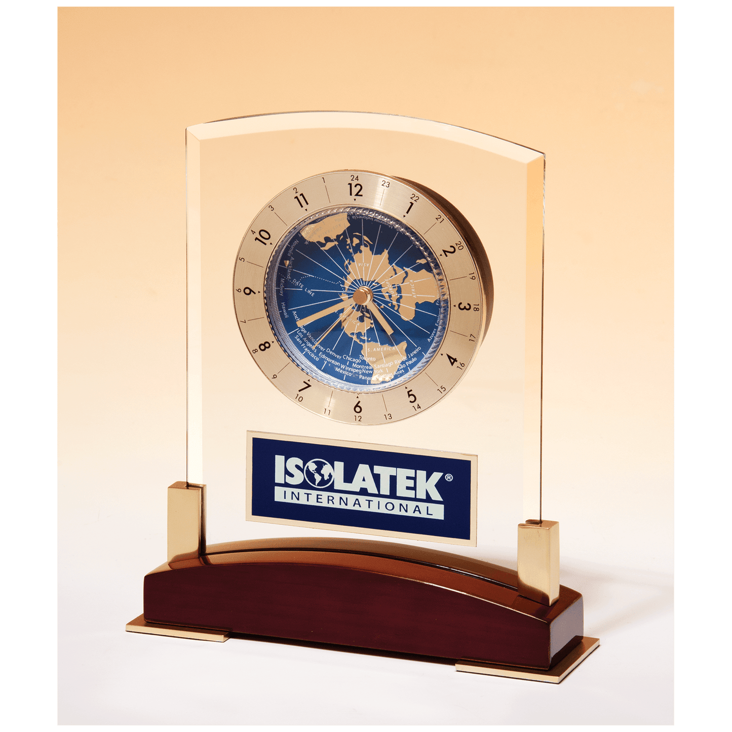 Glass Clock with World Time Dial on Piano Finish Base