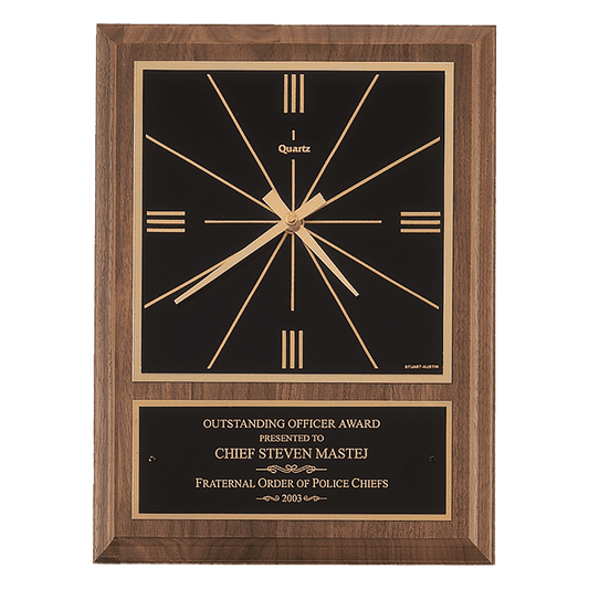 American Walnut Square Face Quartz Clock with Black Plate