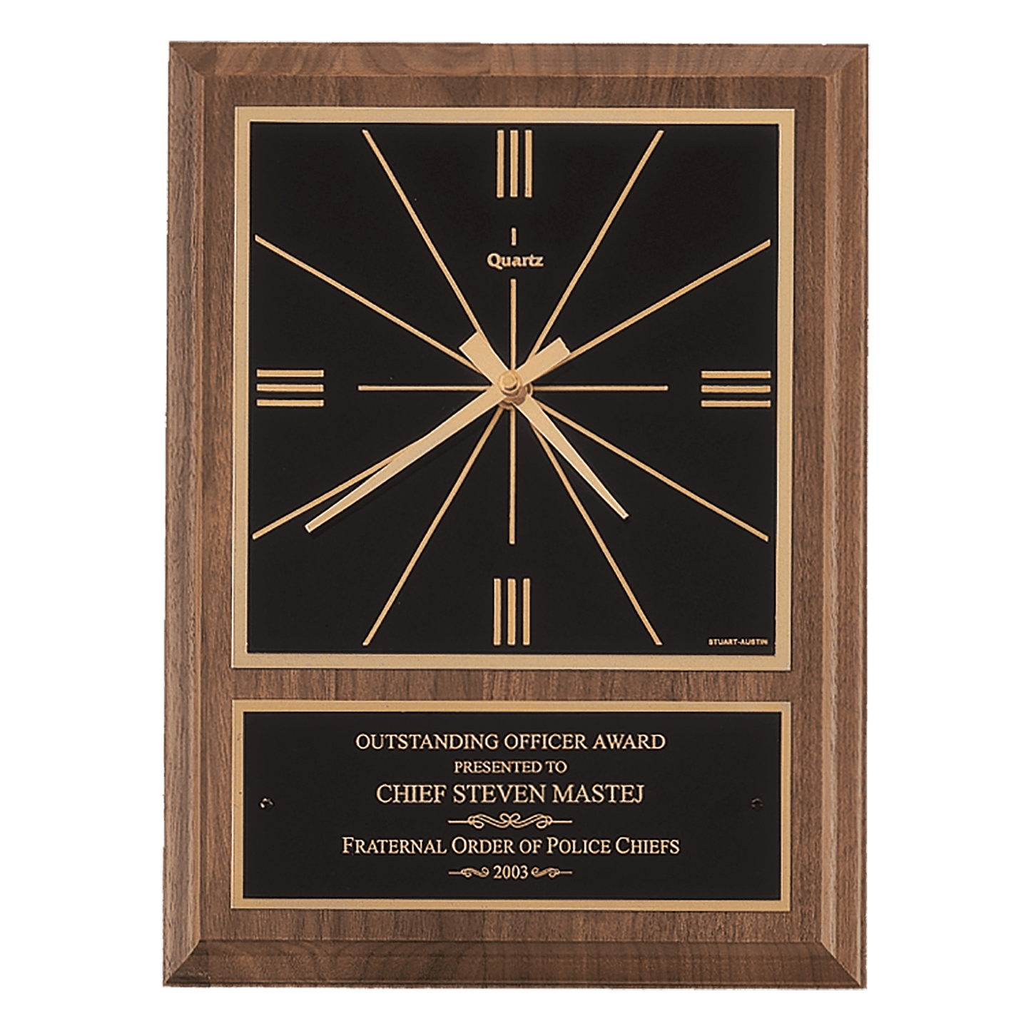American Walnut Square Face Quartz Clock with Black Plate