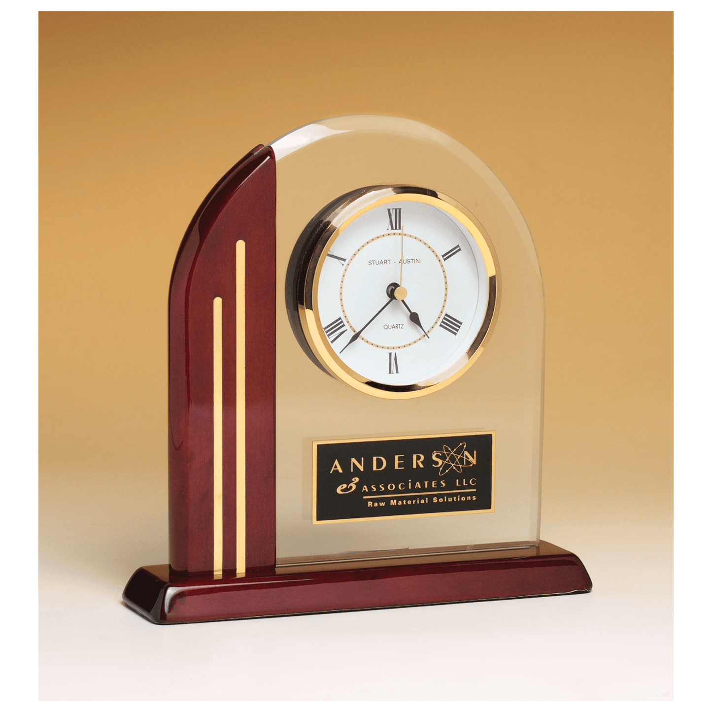 Arch Clock with Glass Upright and Rosewood Piano Finish Post and Base with Plate
