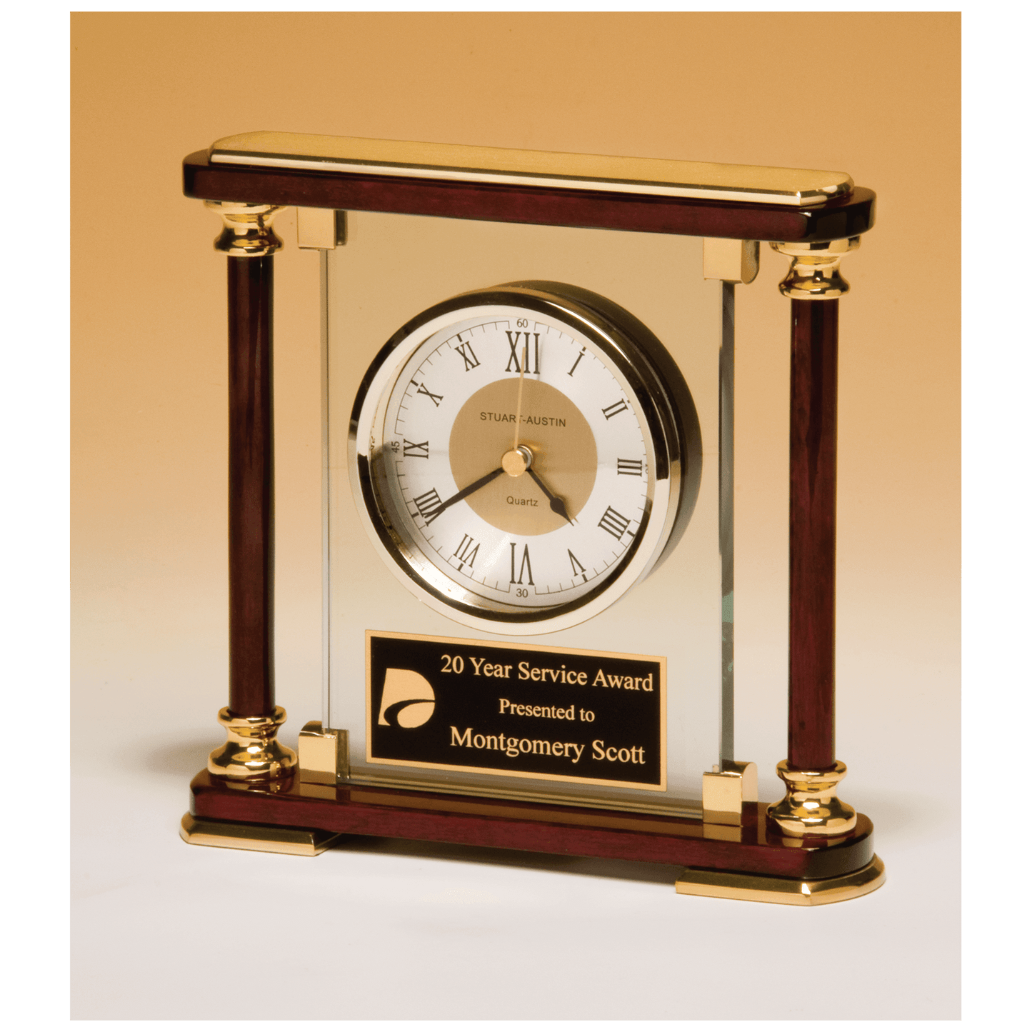 Glass and Rosewood Piano Finish Clock with Gold Metal Accents and Black Plate