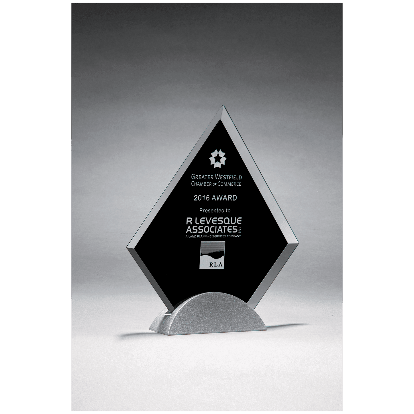 Diamond Shaped Glass Award, Black Silkscreen on Silver Metal Base