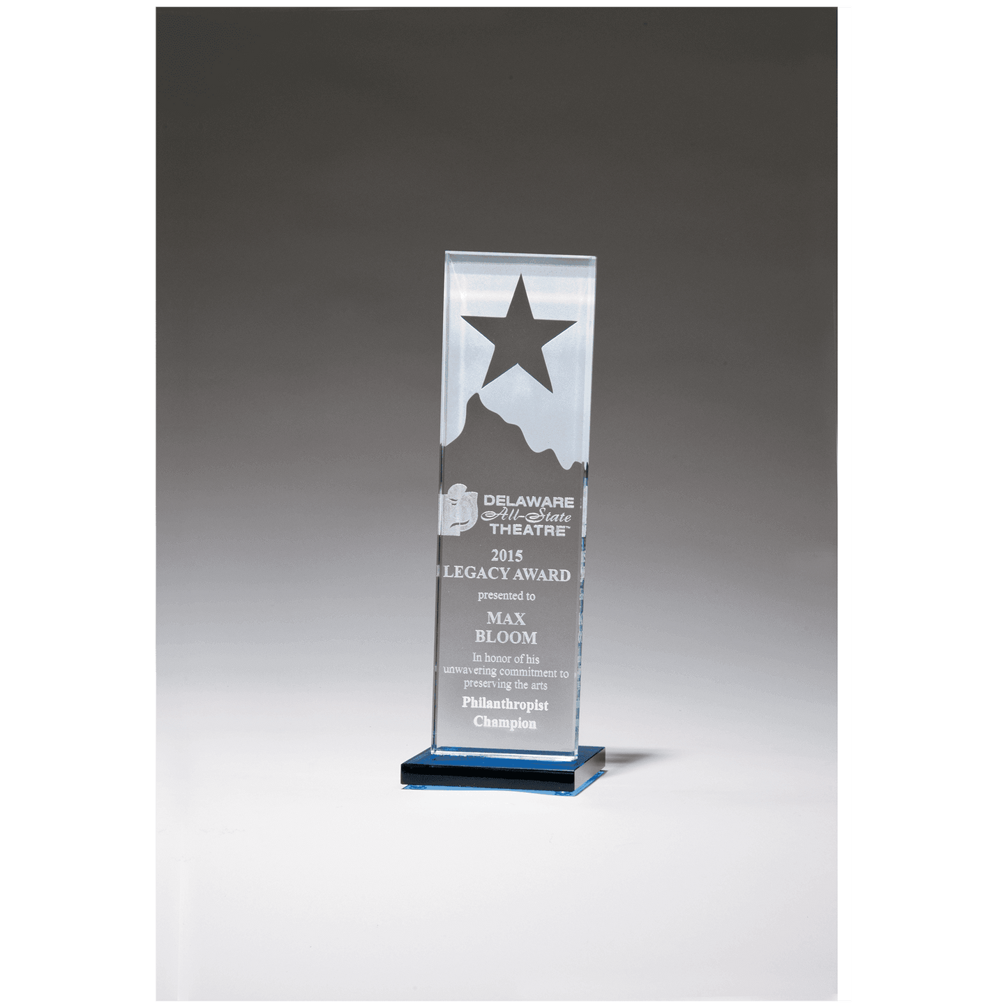 Etched Clear Glass Award with Star and Mountain Peak on Blue Glass Base