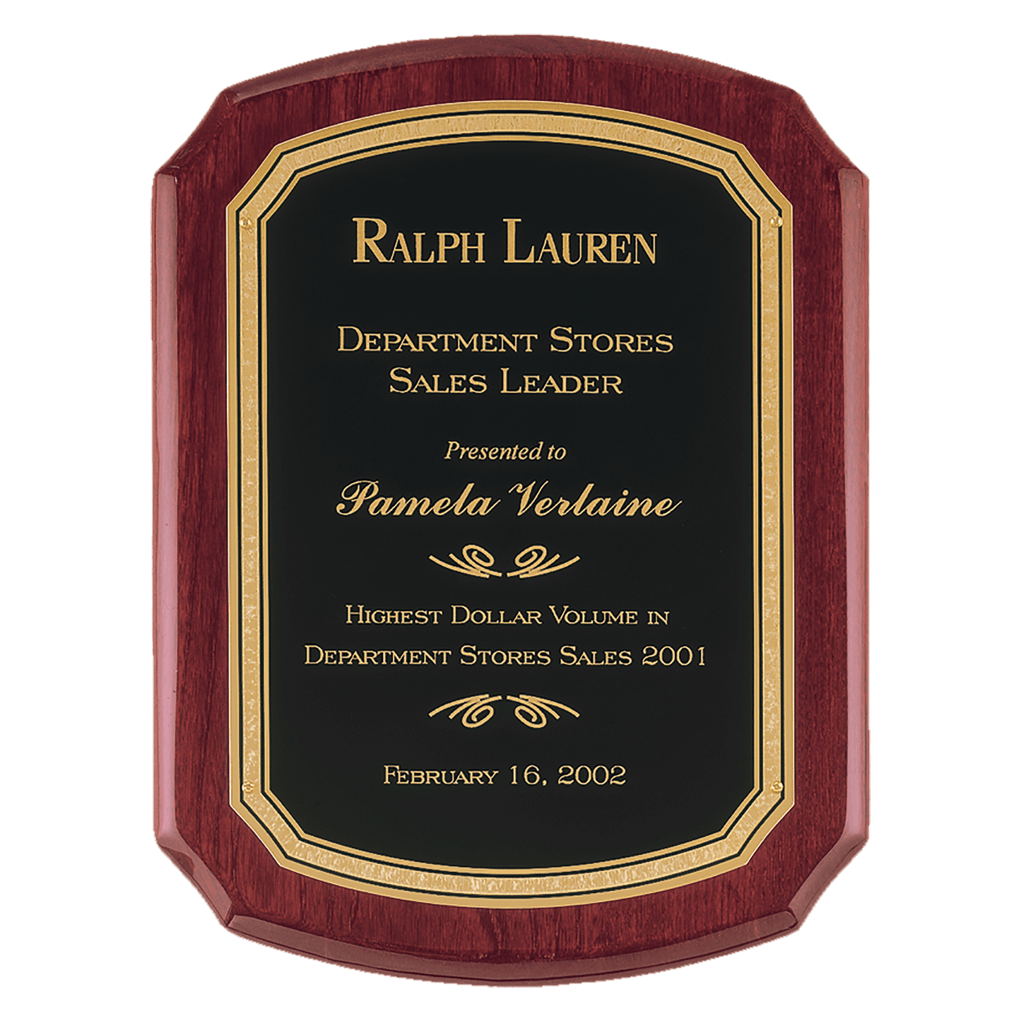 Rosewood Piano Finish Curved Edge Plaque with Black Brass Plate