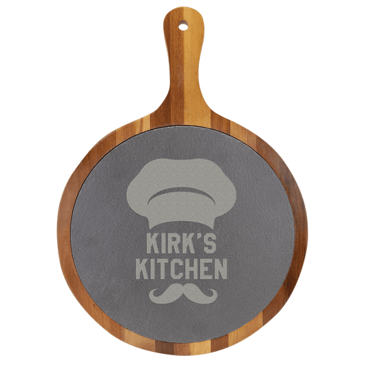 Round Acacia Wood/Slate Serving Board with Handle