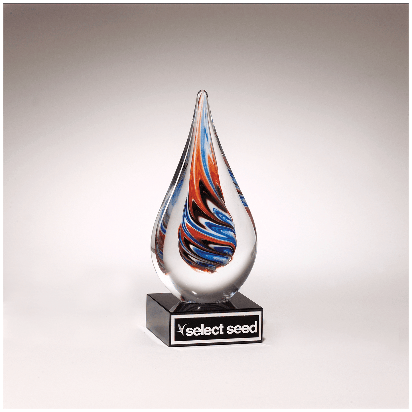Teardrop Art Glass on Black Glass Base w/Black Aluminum Plate