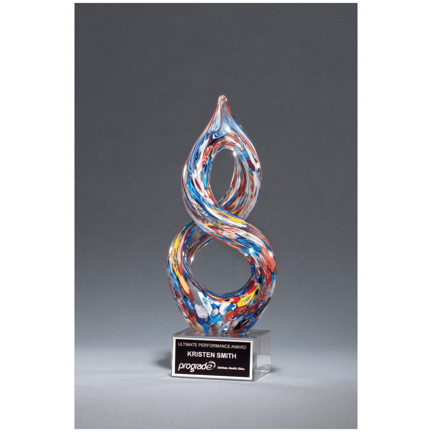 Helix Multi-Color Art Glass on Clear Glass Base with Black Aluminum Plate