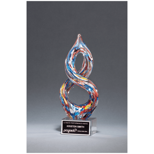 Helix Multi-Color Art Glass on Clear Glass Base with Black Aluminum Plate