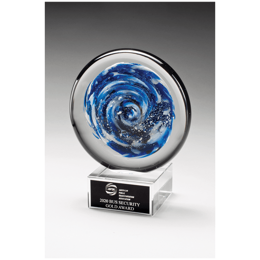 Blue and White Disc Art Glass on Clear Glass Base with Black Aluminum Plate