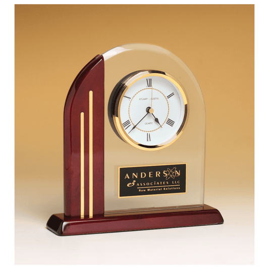 Arch Clock with Glass Upright and Rosewood Piano Finish Post and Base with Plate