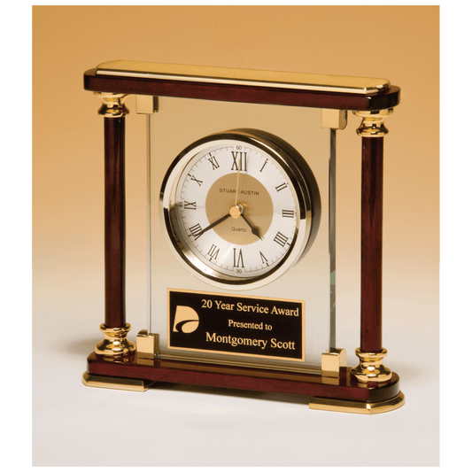 Glass and Rosewood Piano Finish Clock with Gold Metal Accents and Black Plate