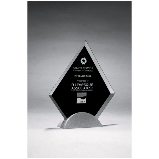 Diamond Shaped Glass Award, Black Silkscreen on Silver Metal Base