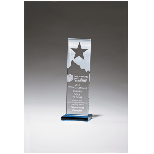 Etched Clear Glass Award with Star and Mountain Peak on Blue Glass Base