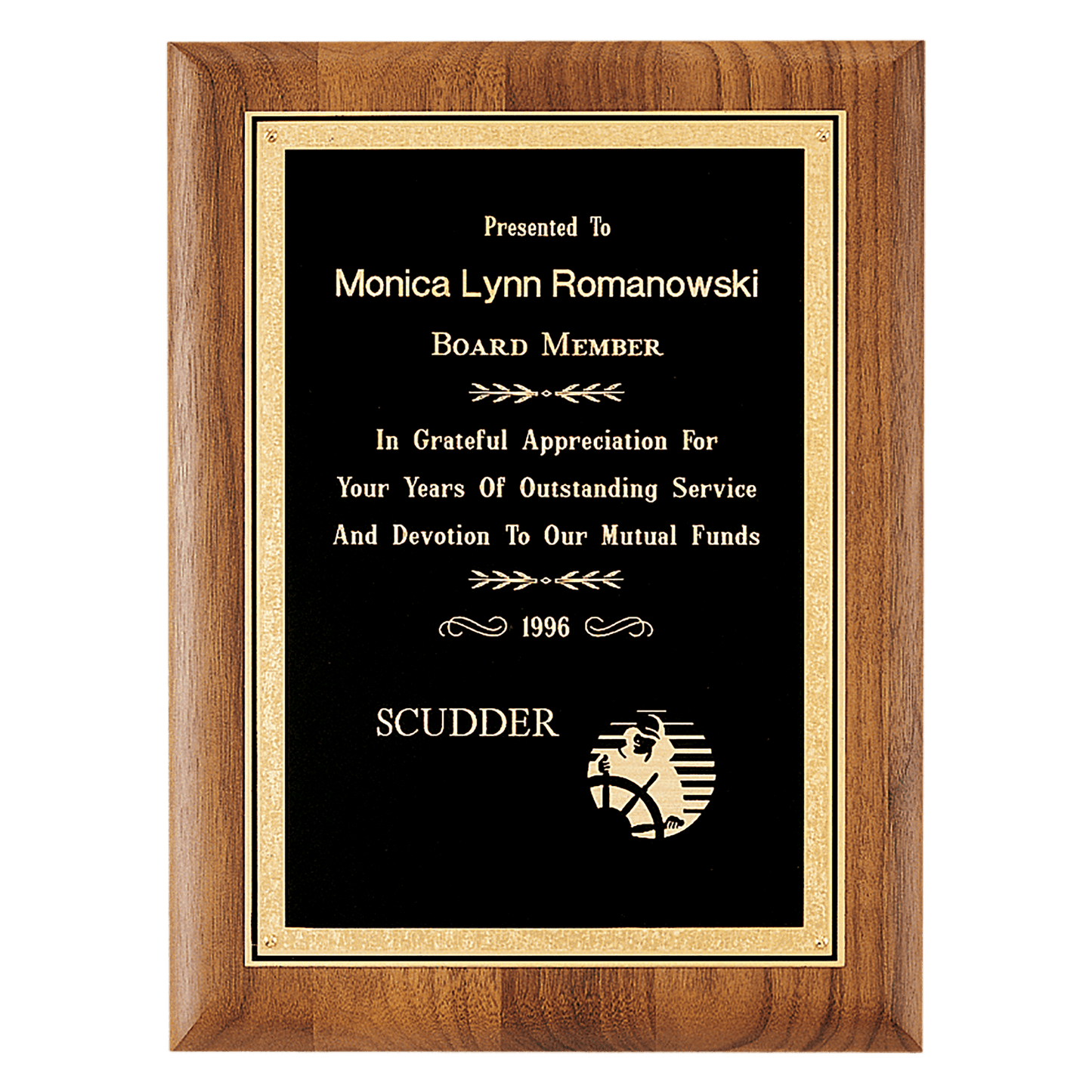 Coventry Series American Walnut Plaque with Gold Florentine Border Textured Black LaserFX Plate