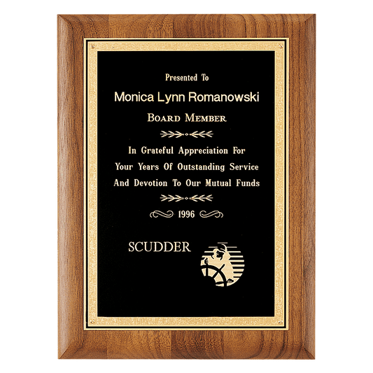 Coventry Series American Walnut Plaque with Gold Florentine Border Textured Black LaserFX Plate