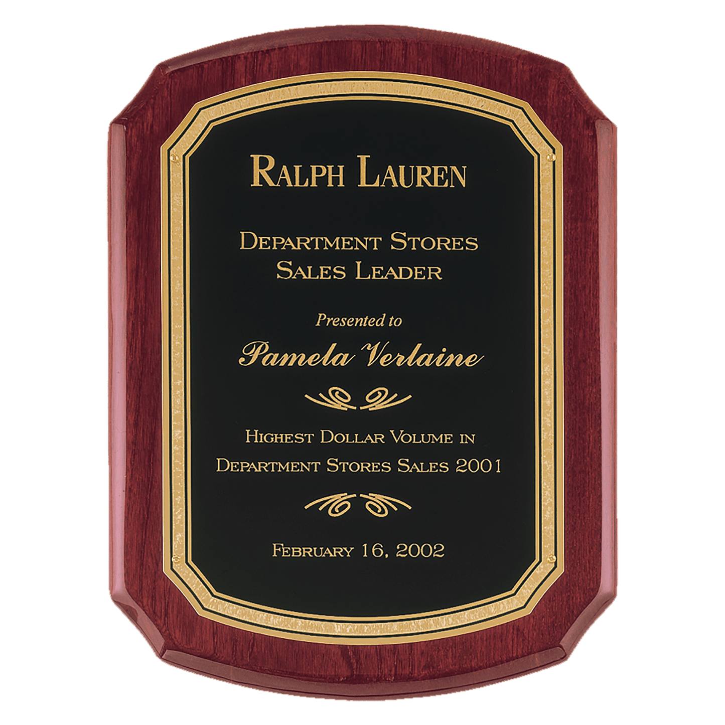 Rosewood Piano Finish Curved Edge Plaque with Black Brass Plate