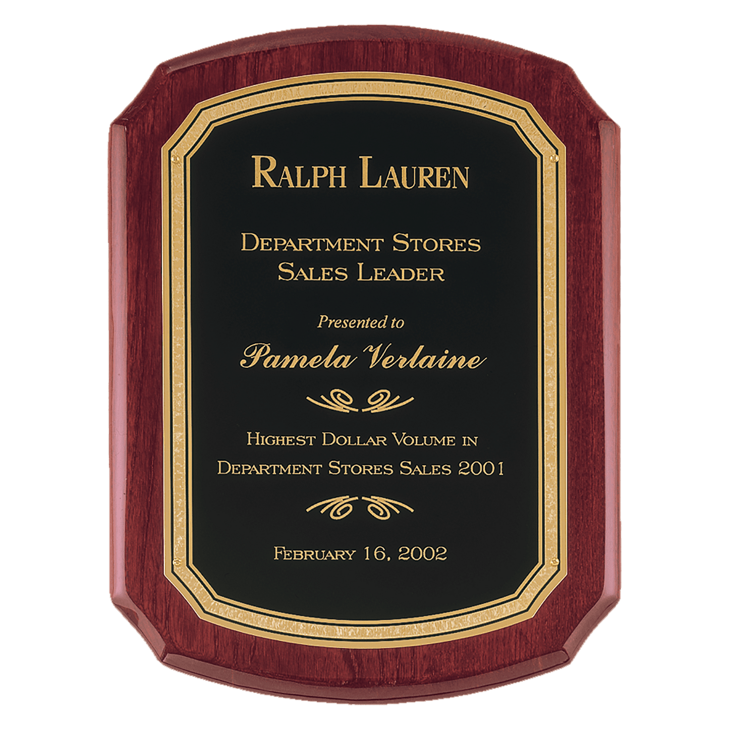 Rosewood Piano Finish Curved Edge Plaque with Black Brass Plate